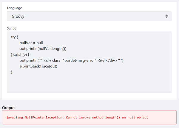 Figure 2: Heres an example of a Groovy script that catches exceptions and prints exception information to the script console.