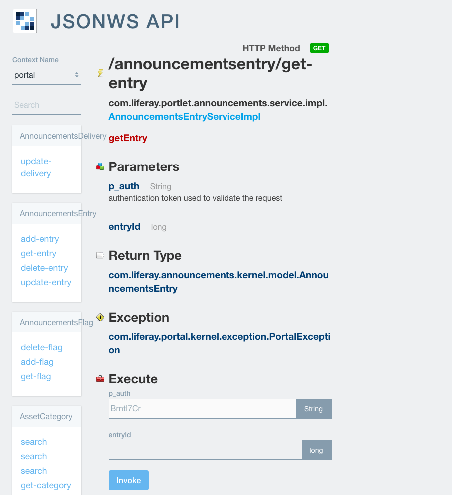 Figure 1: The JSON web services page for an entitys remote service method also lets you invoke that service.