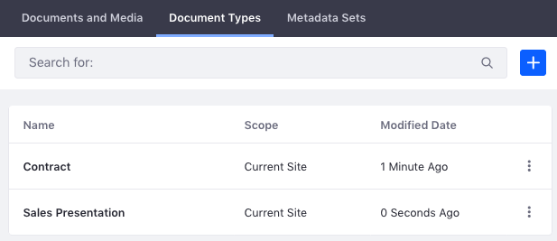 Figure 1: The Document Types management window lets you view existing document types and create new ones.