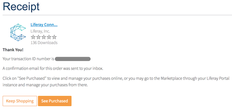 Figure 4.2: Liferay Marketplace displays your receipt for the LCS client app.