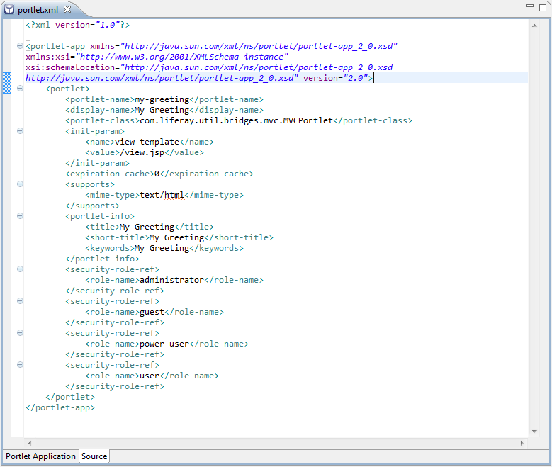 Figure 3.3: Portlet XML file of the My Greeting portlet