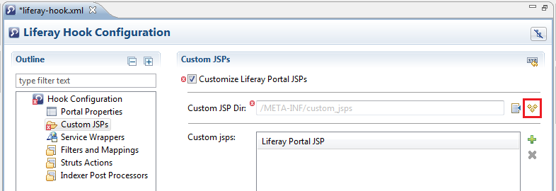 Figure 7.3: Liferay IDE lets you specify a folder for the custom JSPs youre developing. Create the folder by clicking the icon that has the three yellow diamonds.