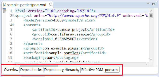 Figure 9.8: Liferay IDE provides five interactive modes to help you edit and organize your POM.