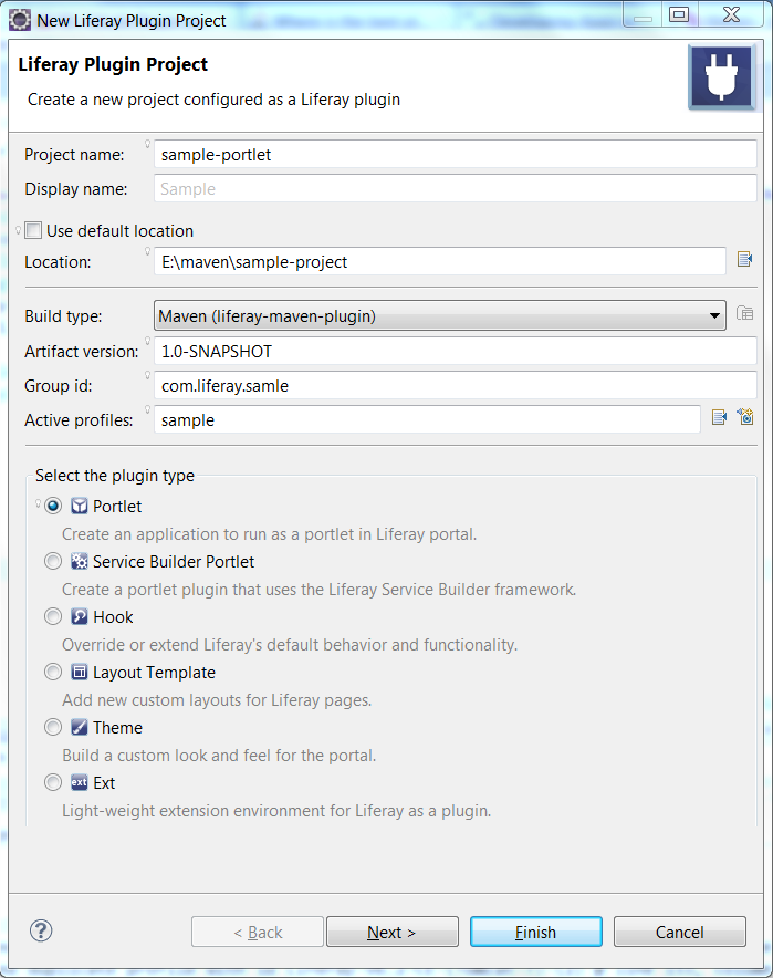 Figure 9.9: You can build a Liferay Plugin Project using Maven by completing the setup wizard.
