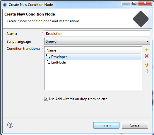 Figure 10.27: When creating a condition node, you can set your preferred script language, name, and condition transitions.