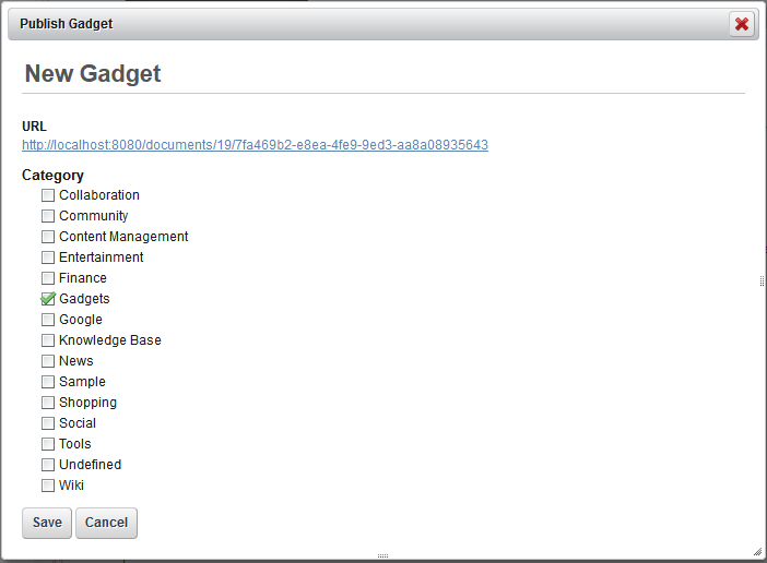 Figure 13.13: A Publish Gadget window displays your gadgets URL and a host of categories for you to consider for your gadget.