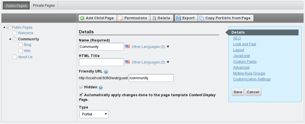 Figure 1.1: Liferays page hierarchies are easy to create, using a tree
structure thats familiar to anyone who has used a file
manager.