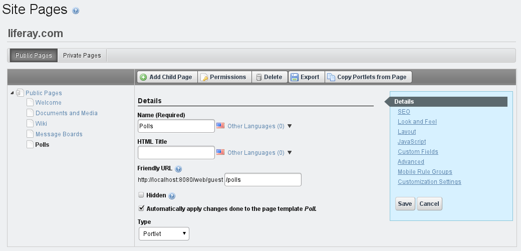 Figure 3.16: Choosing whether or not to automatically apply page template changes to live pages