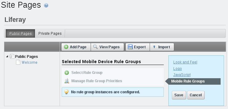 Figure 3.32: To apply a mobile device rule group to a page set of a site,
select the site in the context menu selector, click on Mobile Rule Groups,
click Select Rule Group, and select the desired rule
group.
