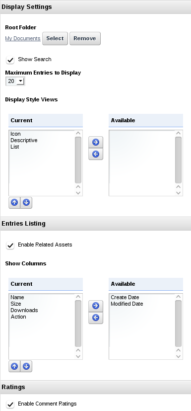 Figure 4.12: To make portlet-specific configurations for Documents and Media, click on the wrench icon at the top of the portlet window and select Configuration.