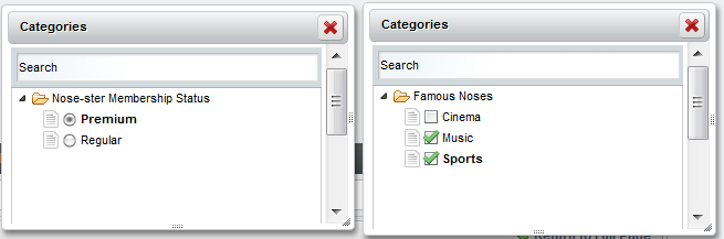 Figure 5.5: Single-valued vocabularies, on the left, use radio buttons while
multi-valued vocabularies use
checkboxes. .