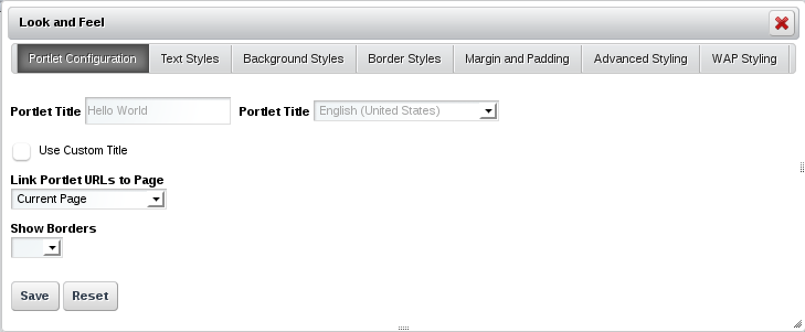 Figure 7.1: The Porlet Configuration tab of the Look and Feel Box allows you
to define a custom portlet title, link porlet URLs to a specific page, and
select whether or not portlet borders should be
displayed.