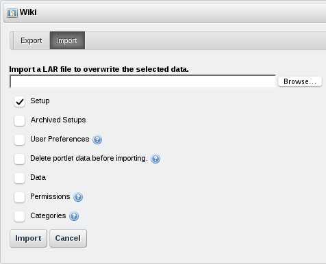 Figure 7.9: When importing portlet data, you can choose which categories of
information to use.