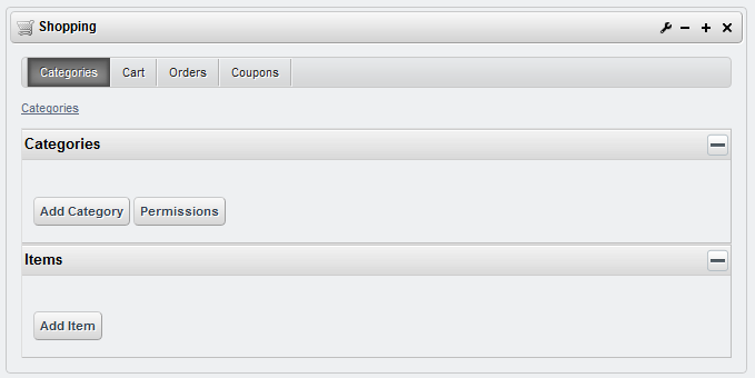 Figure 12.15: Start setting up the store by entering items and categories in
the shopping portlet.