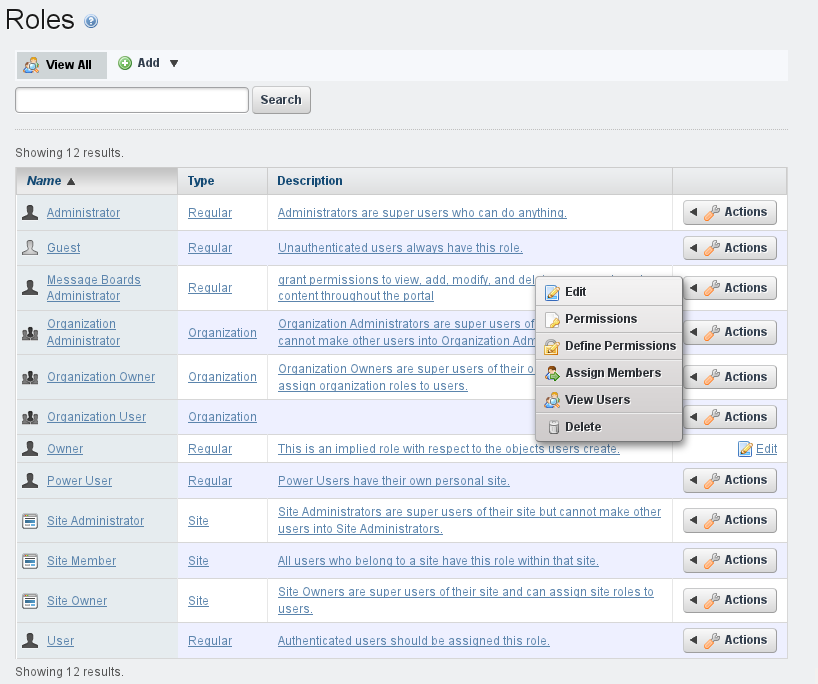 Figure 15.9: Roles Page and Role Actions Menu