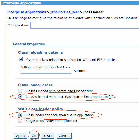 Figure 2: These two radio options are listed under the Class loader order and WAR class loader policy headings, respectively.