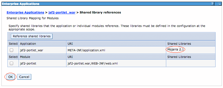 Figure 6: You can verify your Mojarra specification on the far right of the table, beneath the Shared Libraries heading.
