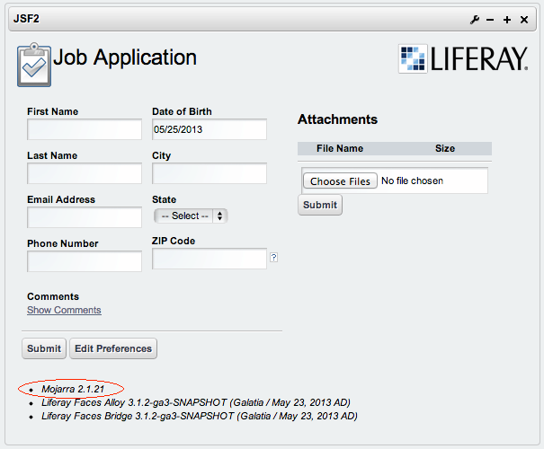 Figure 1: Make sure the Mojarra version displayed is the one you configured during the upgrade: Mojarra 2.1.21.