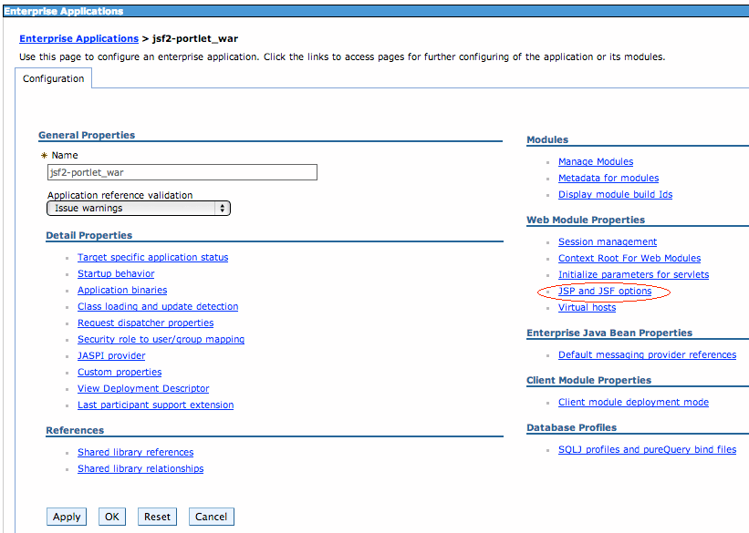 Figure 3: By clicking this option, youll be presented with JSF options for your WebSphere application server.