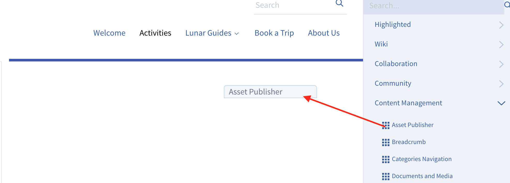 Figure 1: This screenshot shows the Asset Publisher being placed in the pages right column. The narrow blue bar indicates where the application will appear when you release the mouse button.