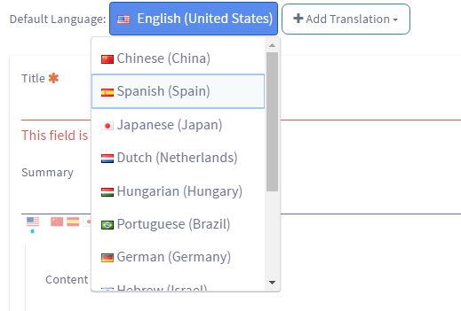 Figure 10: You have many translation languages to choose from for your web content.