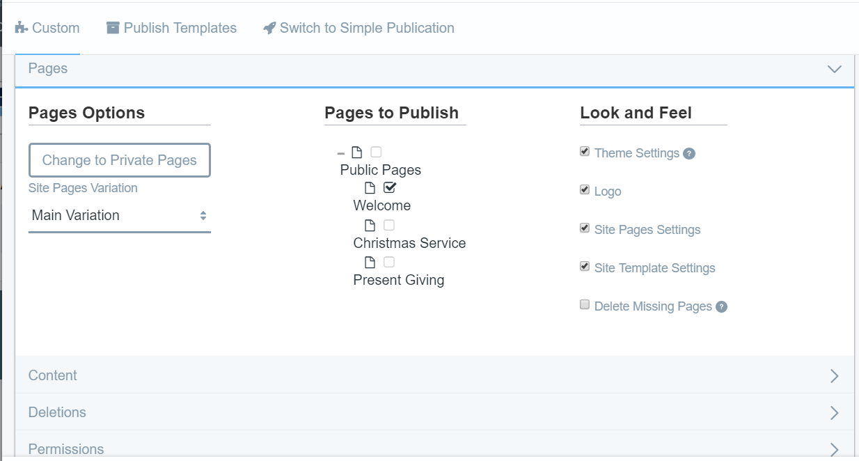 Figure 2: Youre given additional publication options for your pages, content, deletions, and permissions.