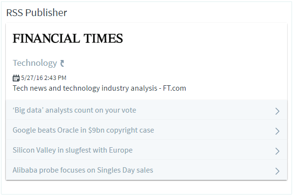Figure 4: By default, the RSS Publisher app is configured to display feeds from the Financial Time. This image displays what the Financial Times feed looks like in the RSS Publisher app.