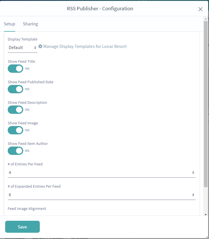 Figure 3: The RSS Publisher apps configuration window lets you choose feeds to be displayed and allows you to customize the display settings.