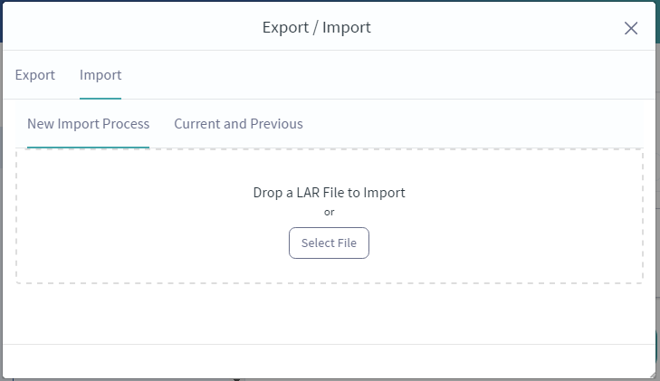 Figure 2: When importing app data, you can choose a LAR file using the file explorer or drag and drop the file between the dotted lines.