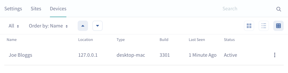 Figure 4: Sync Connector Admins Devices tab lists all the devices Sync has registered for the Liferay DXP installation.