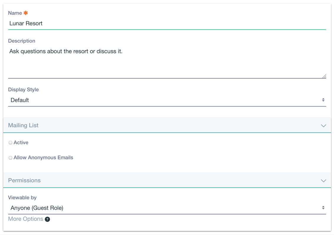 Figure 2: You have several options to create a message board category for your needs.