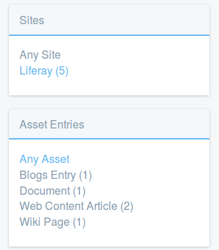 Figure 1: Sites and Asset Entries are two of the facet sets youll encounter. They let you drill down to results that contain the search terms you entered.