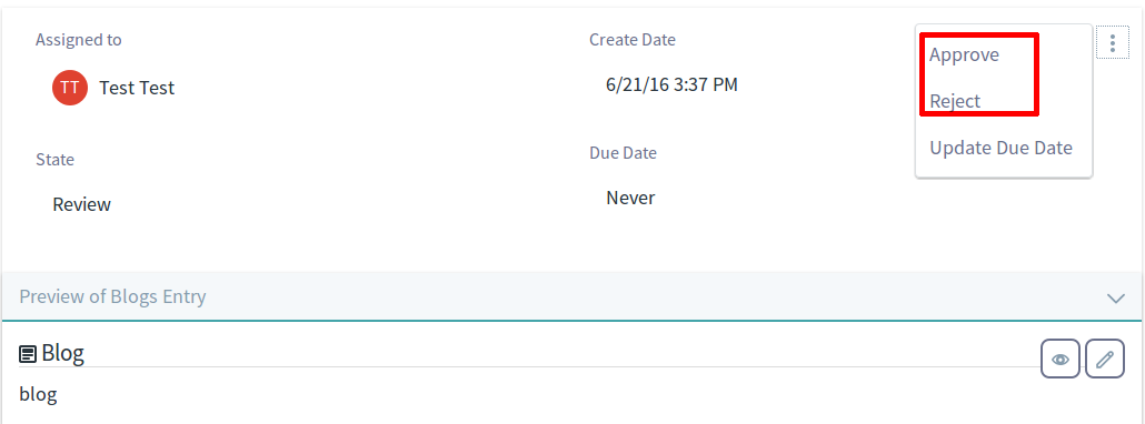 Figure 2: In the Single Approver workflow, a user in the Review task can choose to Approve or Reject the asset, which sends the asset either to the EndNode or to the Update task.