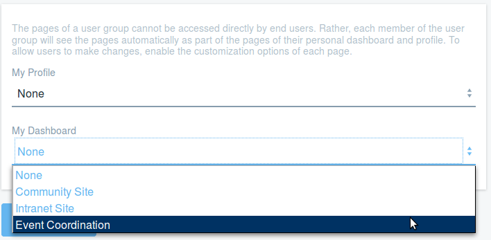 Figure 9: Selecting a site template under My Dashboard creates a private site for a user group.
