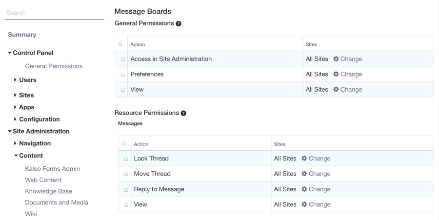 Figure 3: You can fine-tune which actions are defined for a role within a specific application like the Message Boards.