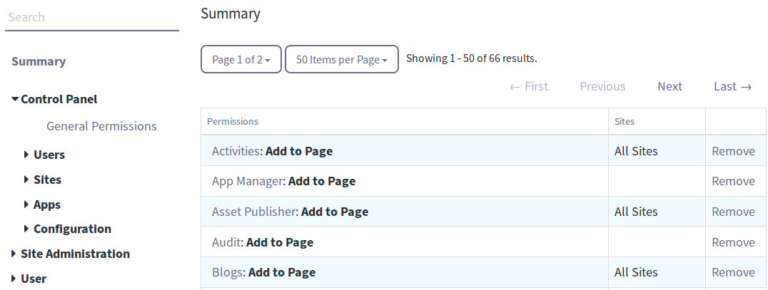Figure 2: When defining permissions on a role, the Summary view provides a list of permissions that have already been defined for the role. The area on the left side of the screen lets you drill down through various categories of portal permissions.