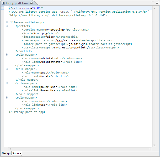 Figure 3.4: Liferay-Portlet XML file of the My Greeting portlet
