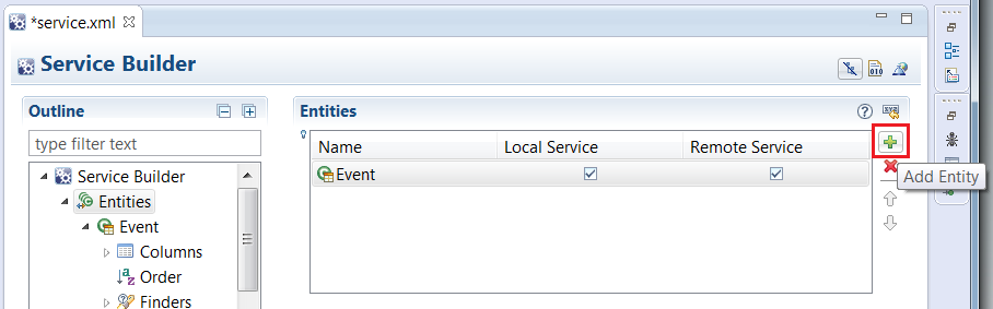 Figure 4.2: Adding service entities is easy with Liferay IDEs Overview mode of your service.xml file.