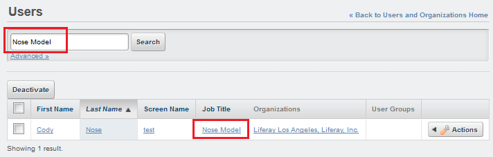 Figure 10.5: In this example, searching for Nose Model returns one user with the matching job title.