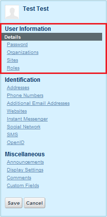 Figure 8.5: You should see these five sections under the User Information heading