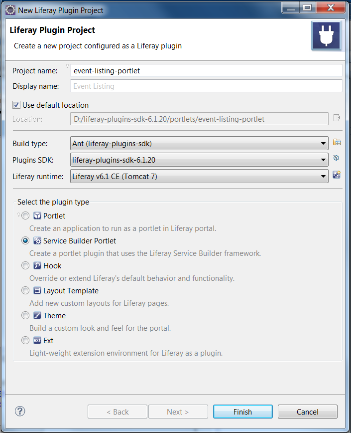 Figure 10.5: The wizard for creating a new service builder portlet project uses the information you specify to customize various configuration files in the new project.