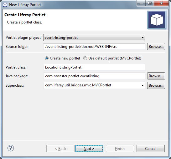 Figure 10.7: Liferay IDEs portlet creation wizard makes creating a portlet class is easy.