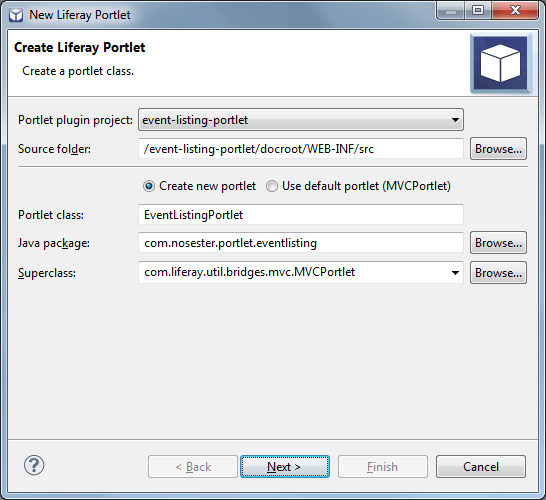 Figure 10.9: Creating portlet classes is simple with Liferay IDEs portlet creation wizard.
