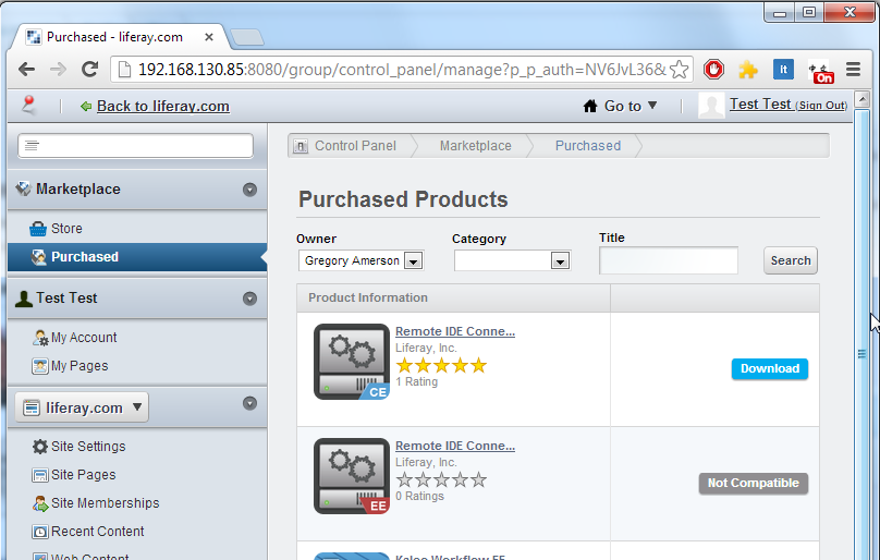 Figure 10.16: Click Purchased in the Marketplace section of the Control Panel to download and install the Remote IDE Connector application that you purchased.