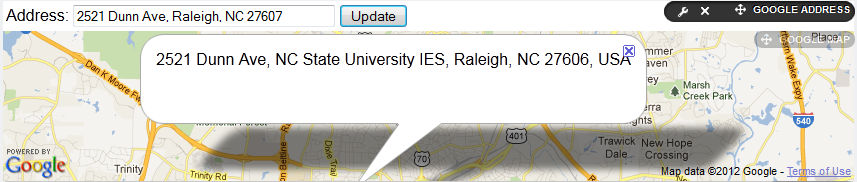 Figure 13.5: After inputting a custom address in the Google Address gadget, you are able to see its physical location in the Google Map gadget.