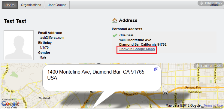 Figure 13.6: Your modified Directory portlet sends a user address to the Google Map gadget to display the address location in its map.