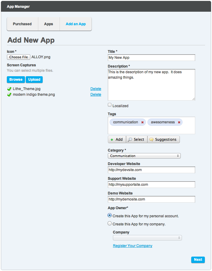 Figure 15.4: Add all the details about your app, including tags, categories, and links to your site.