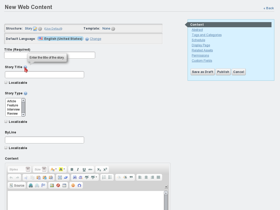 Figure 1.3: Structures allow you to specify exactly the type of data that
makes up your content. You can also include tooltips to help your users
understand what each field is for.
