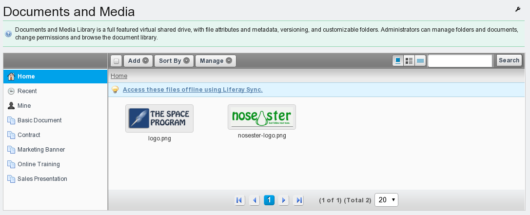 Figure 1.4: Liferay Portals Documents and Media library was purposefully
designed to be familiar to anyone who uses a computer.
