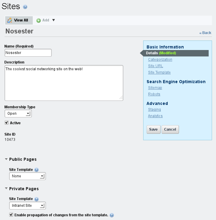 Figure 3.10: Editing a Site